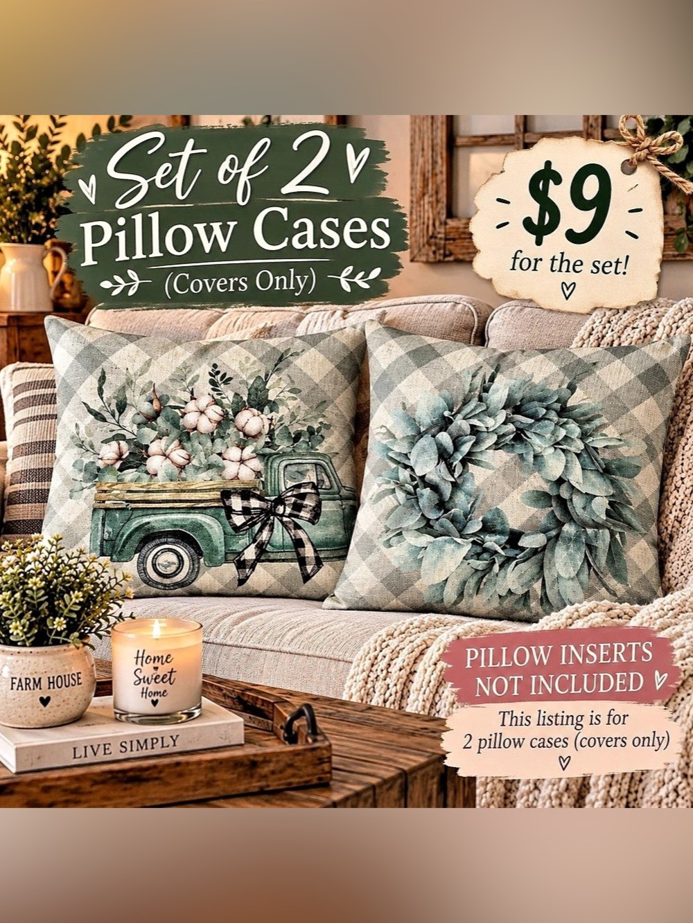 Set of 2 farm house 9Green & Cream Pillow Covers